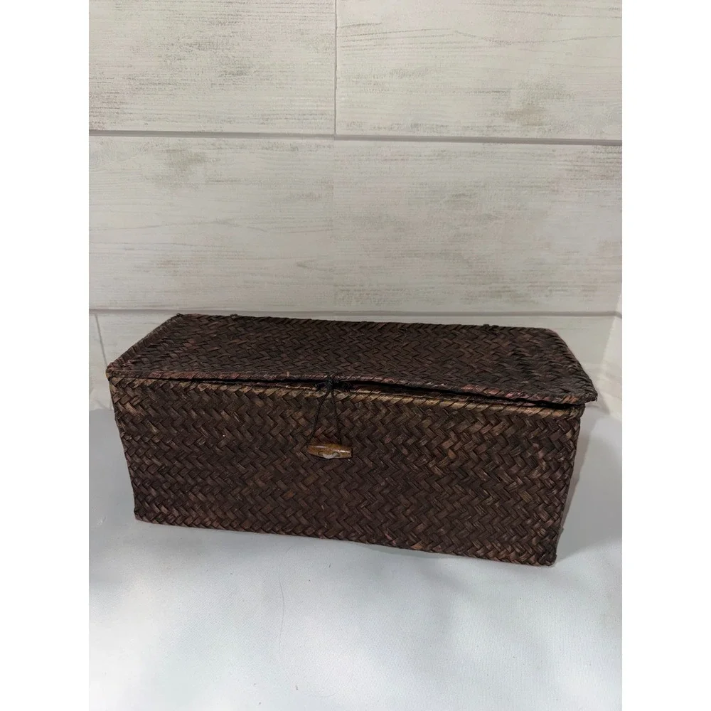Set of 3 Nesting Woven Seagrass Storage Baskets Dark‎ Brown Rectangle Lidded Box
